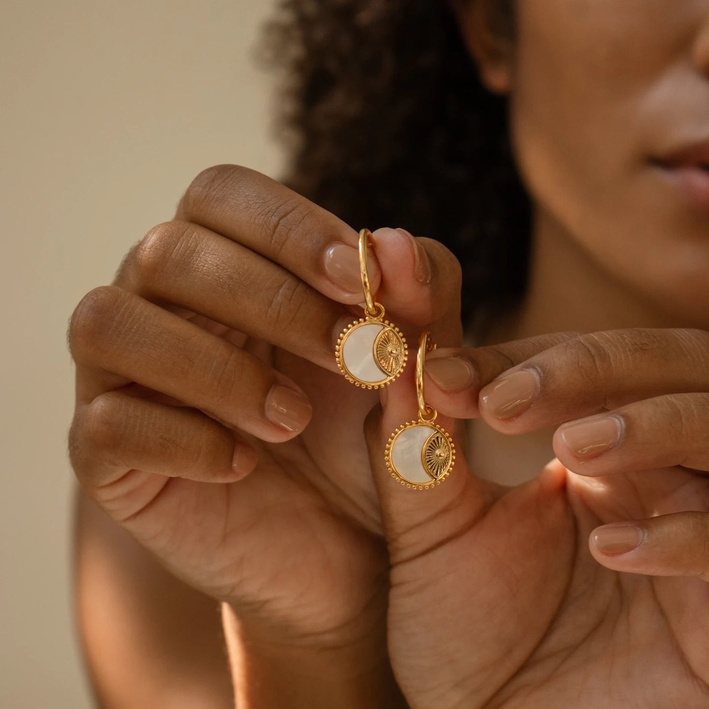 Sun and Moon Gold Earrings in Pearl