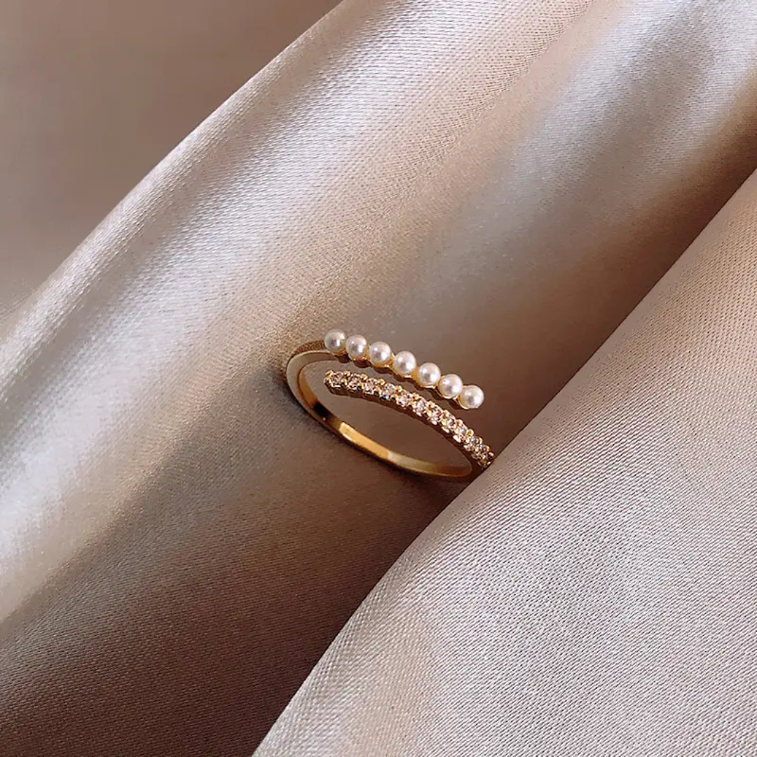 Adjustable Gold Diamond Pearl Ring